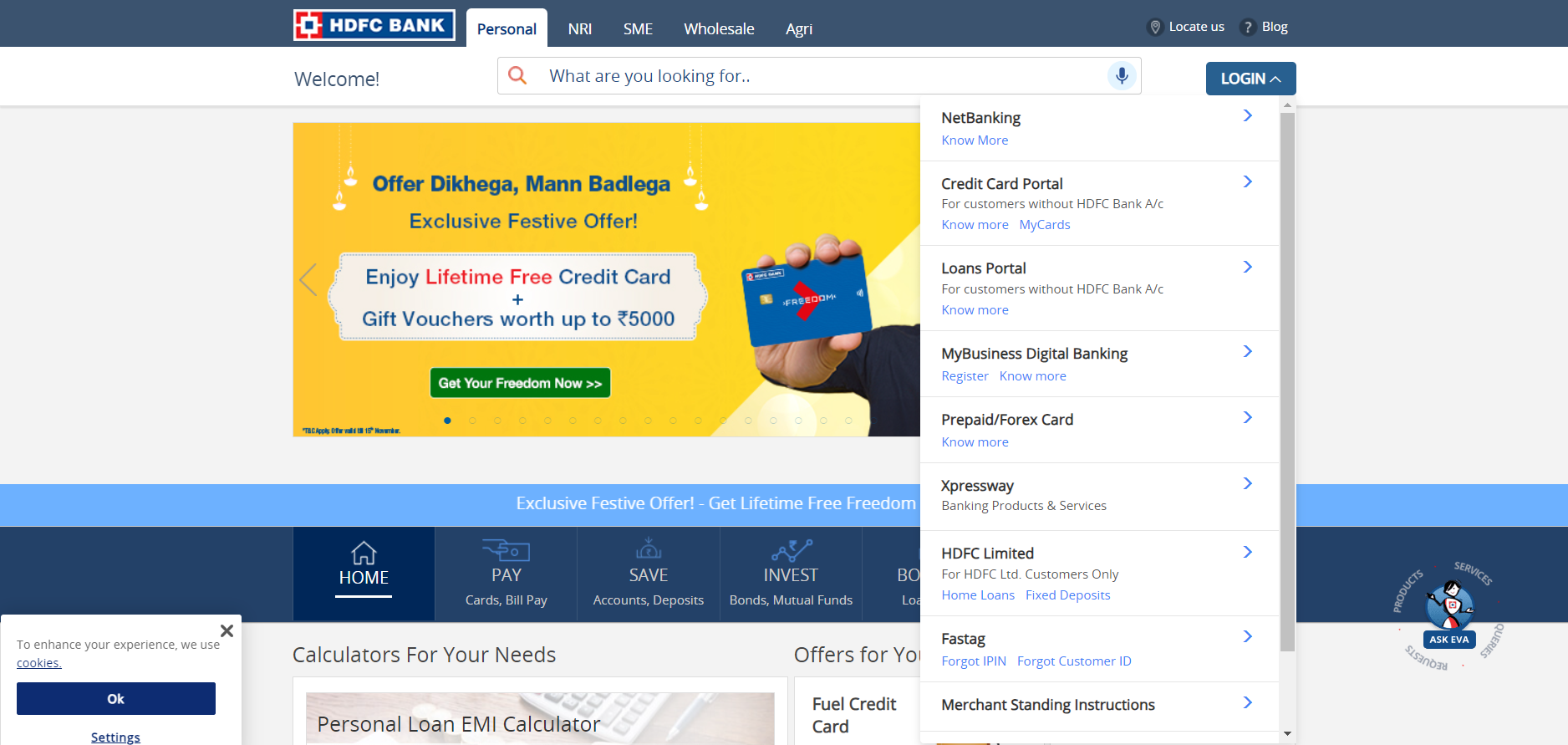 HDFC Bank website login menu options.