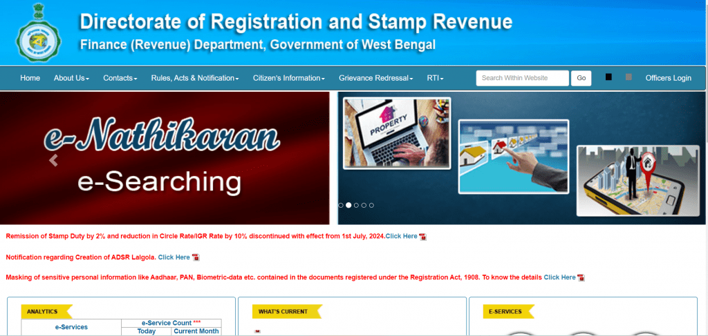 Directorate of Registration and Stamp Revenue, West Bengal - e-Nathikaran and e-Searching services."
