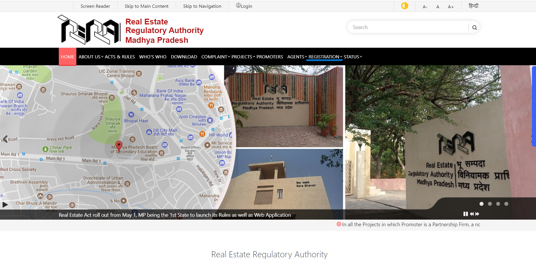 Select the 'Registration' tab on the Real Estate Regulatory Authority (RERA) Madhya Pradesh website for registration details.