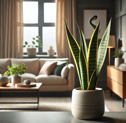 Upright snake plant leaves with green and yellow striping