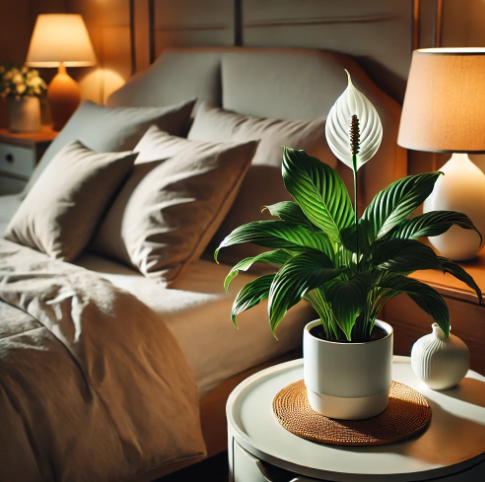 Peace lily with glossy leaves and a white bloom