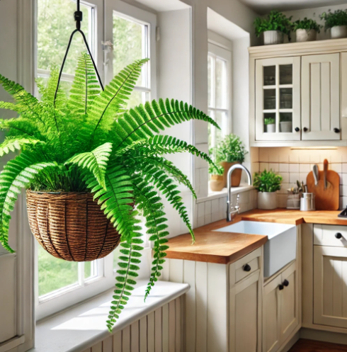 Lush Boston fern with shaggy fronds