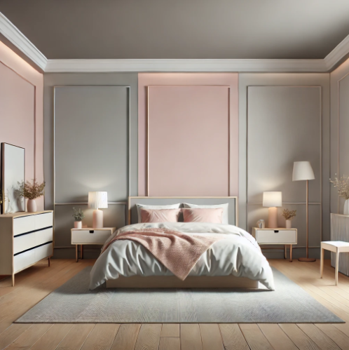 Bedroom walls painted in a soothing pink and pale grey color combination, creating a calm and elegant atmosphere