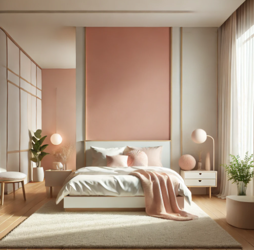 Image of a bedroom featuring walls in a soft pink and off-white color combination, enhancing the light and airy feel of the space.