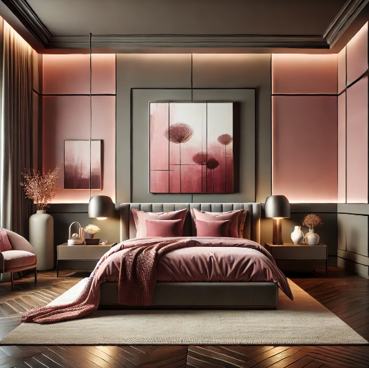 Taupe and pink color combination on bedroom walls, offering a sophisticated and modern aesthetic