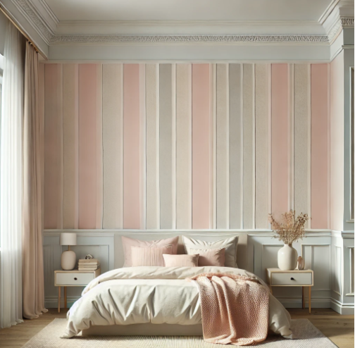 Light and breezy bedroom showcasing walls in a pink and light sand color combination, perfect for a beach-inspired theme.