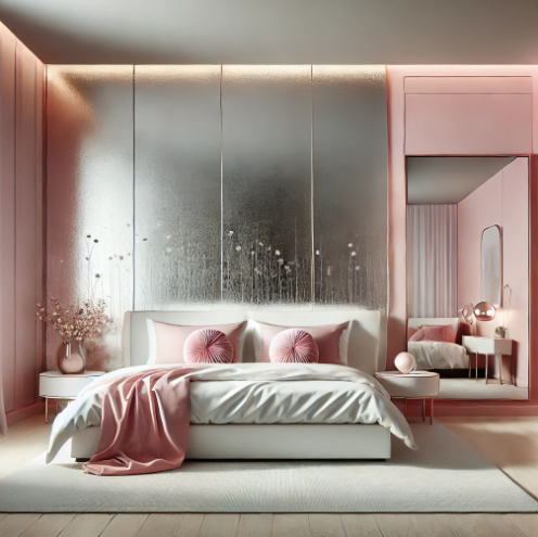 Contemporary bedroom featuring walls in a chic pink and silver color combination, adding a touch of glamour and luxury