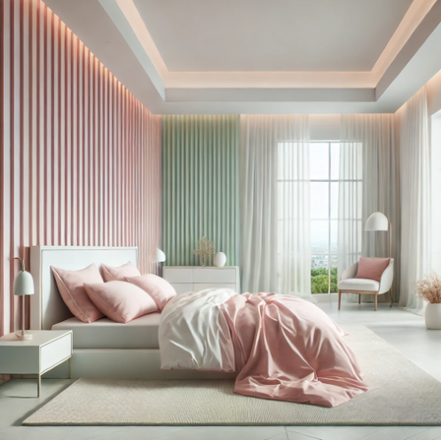 Tranquil bedroom designed with walls in a soft pink and whisper green color combination, promoting relaxation and peace