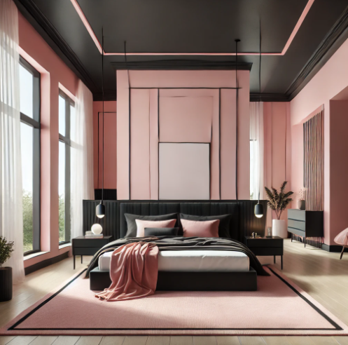 Bold and stylish bedroom with walls in a striking pink and black color combination, making a dramatic statement