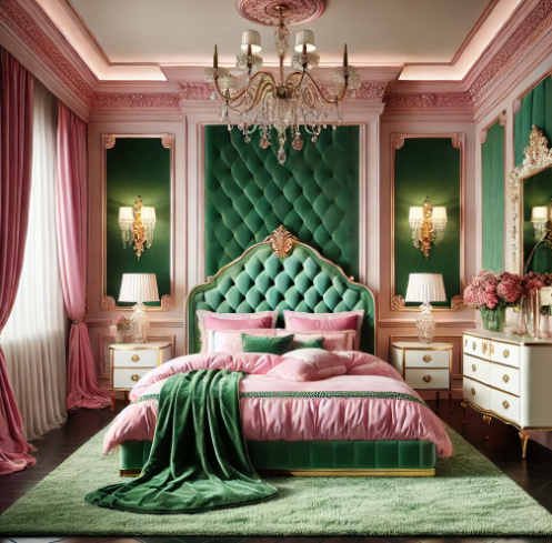 Luxurious bedroom with walls in an elegant pink and emerald green color combination, creating a rich and vibrant backdrop