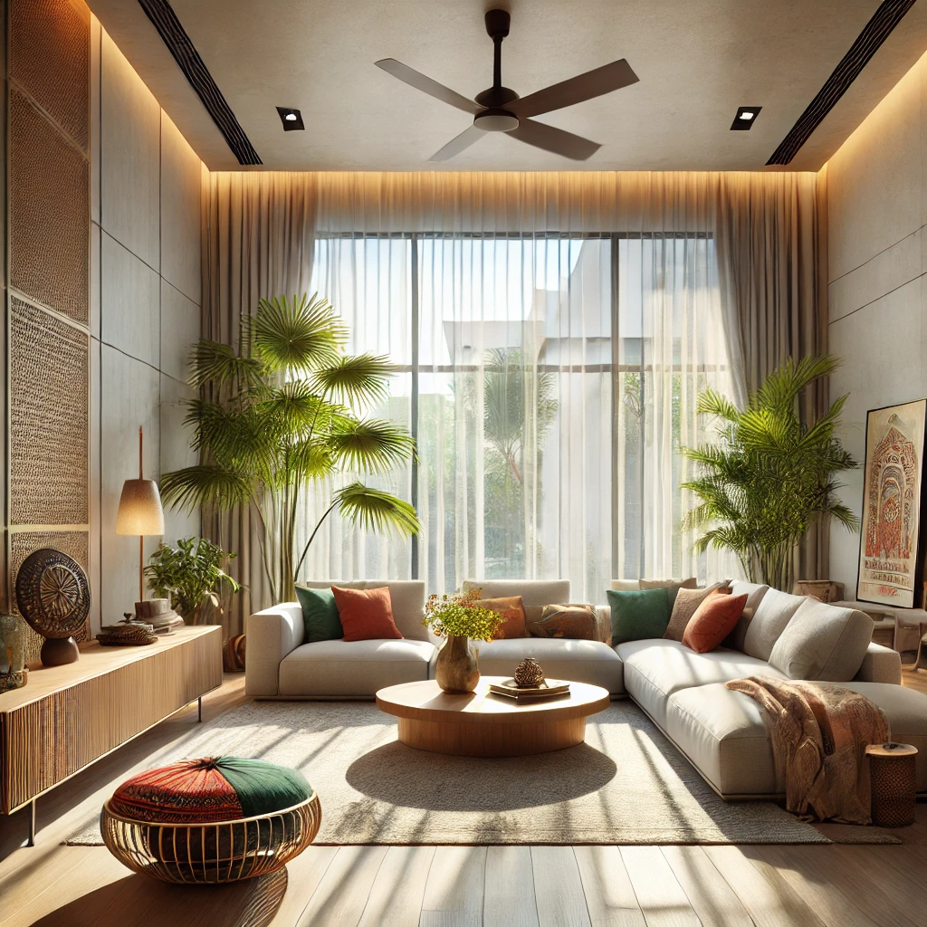 Modern Indian living room interior design with warm lighting and contemporary furniture