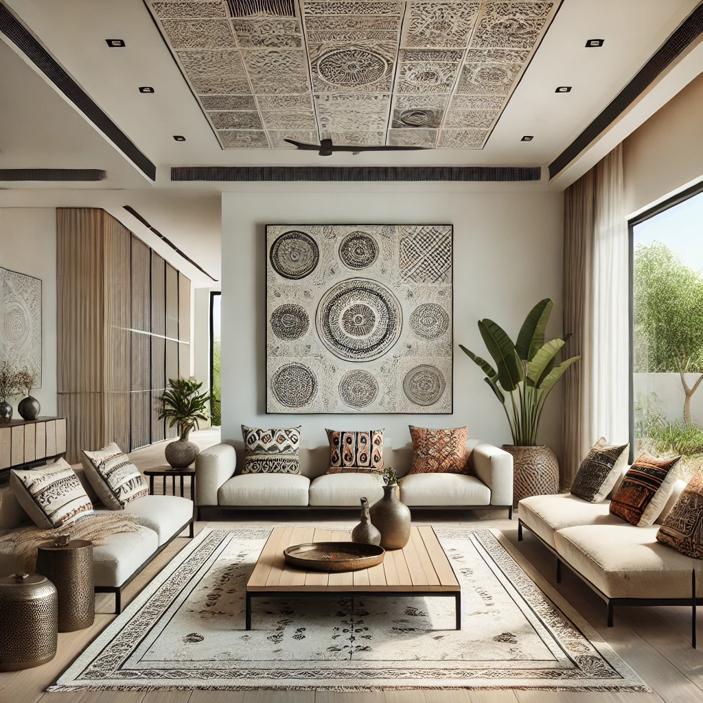  A modern minimalist living room with traditional Indian accents for timeless elegance.