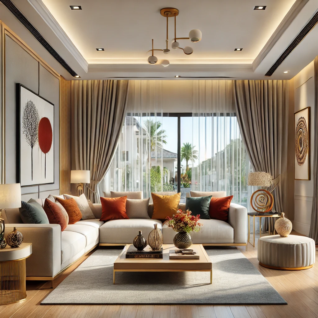 Modern Indian living room with a neutral palette, vibrant accents, and a perfect blend of comfort and style.