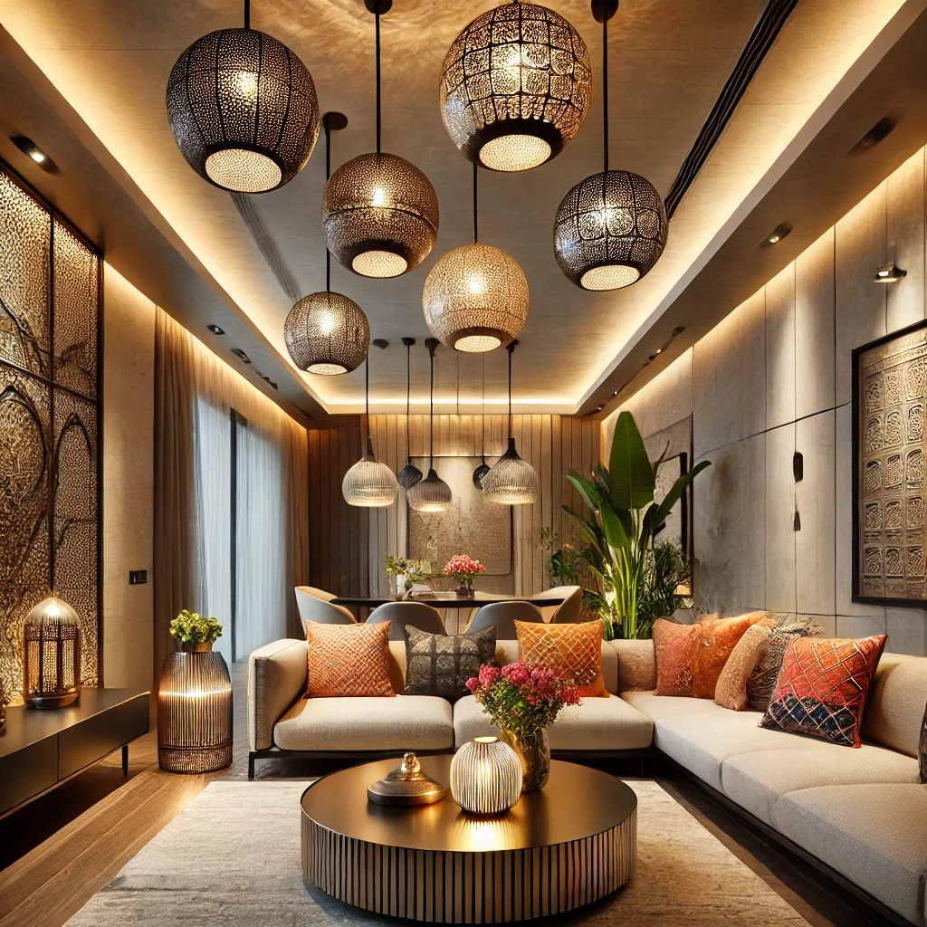 Illuminate your modern living room with statement lighting that blends tradition and style.