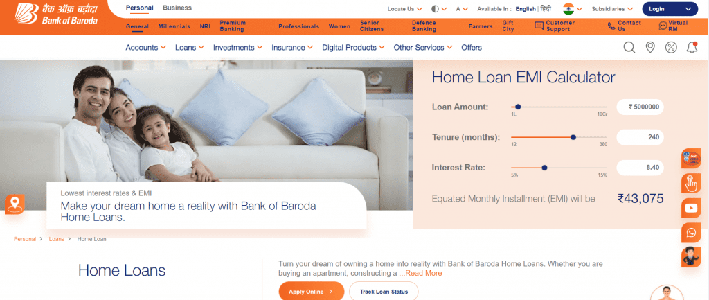 Bank of Baroda home loan page with EMI calculator.
