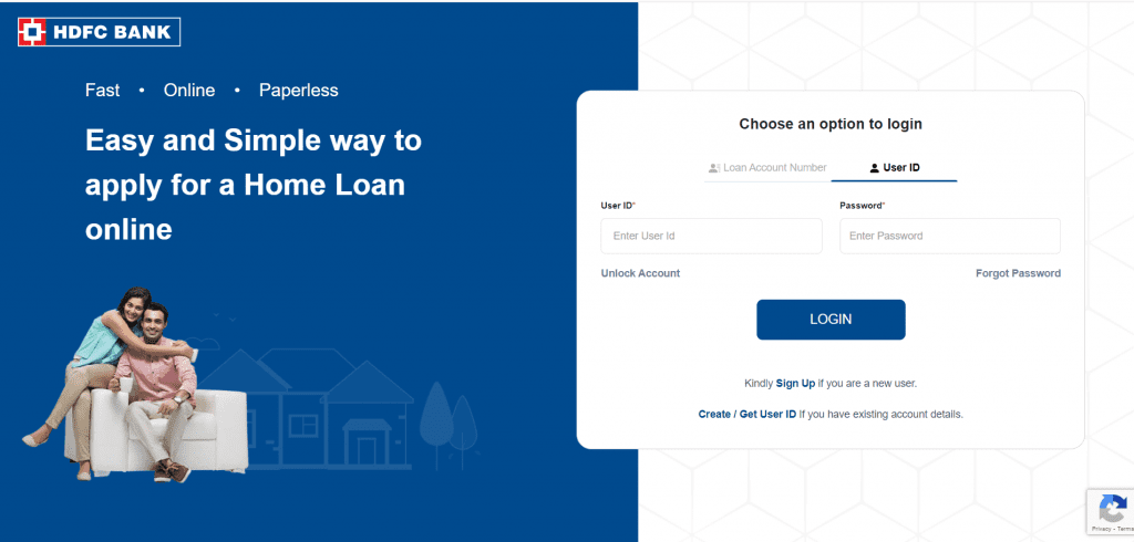 HDFC Bank home loan login portal with options to apply online for fast and paperless home loans.