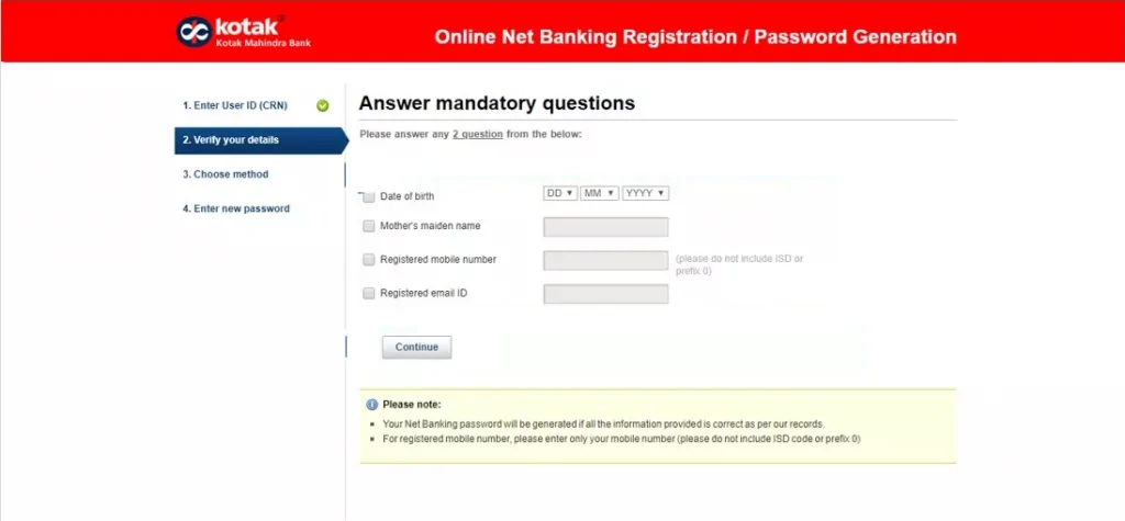 Kotak Mahindra Bank's net banking registration/password setup verification page.