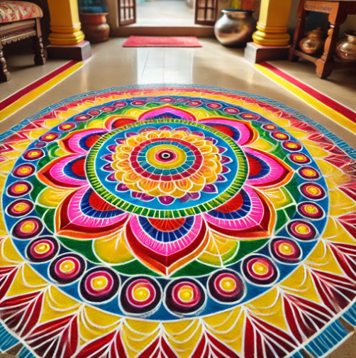 A pattern-focused Rangoli featuring geometric shapes in vibrant colors.