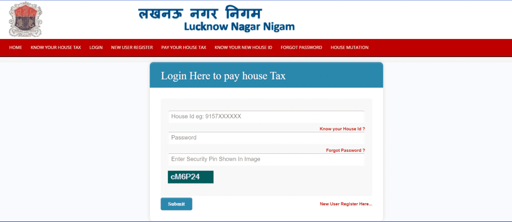 Login page for paying house tax on the Lucknow Nagar Nigam portal.