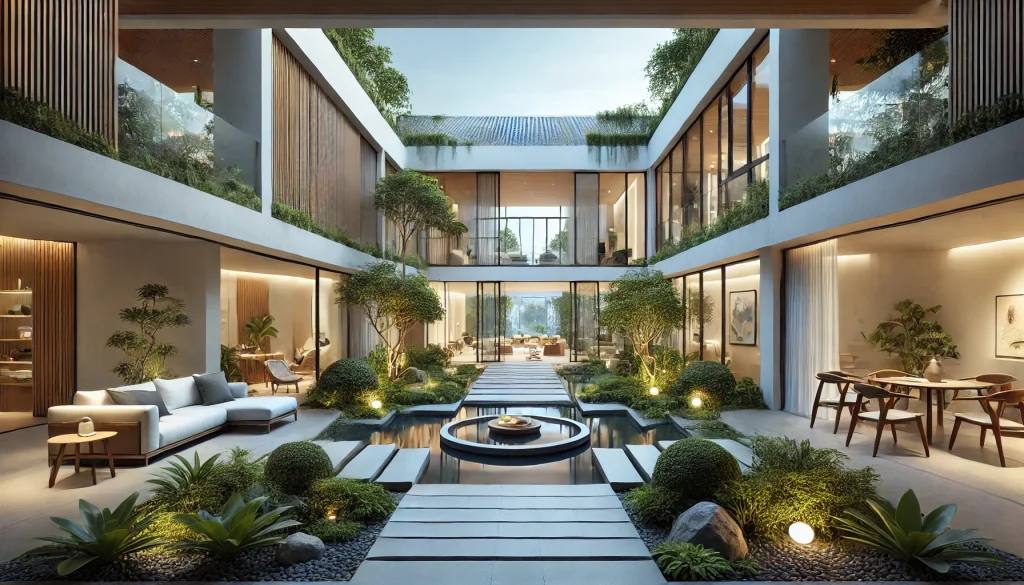 Design a private escape with a single-floor home featuring an inner courtyard