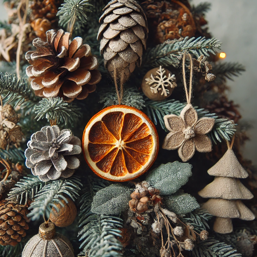 Nature's Touch – Pine cones and oranges bring rustic elegance.