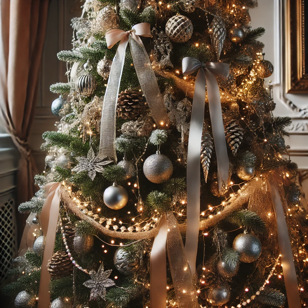 Shiny ribbons wrap the tree in holiday cheer.