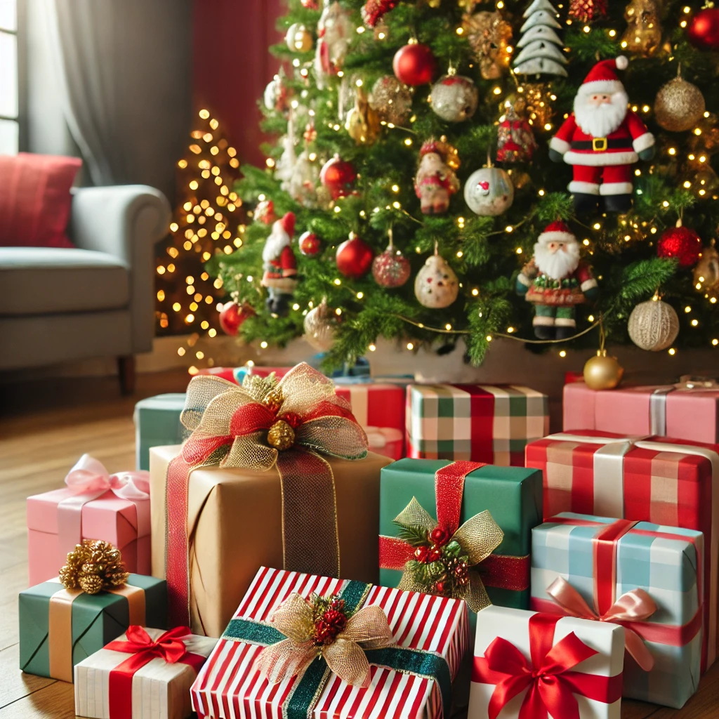 Holiday Gifts – Colorful presents bring cheer to the tree.