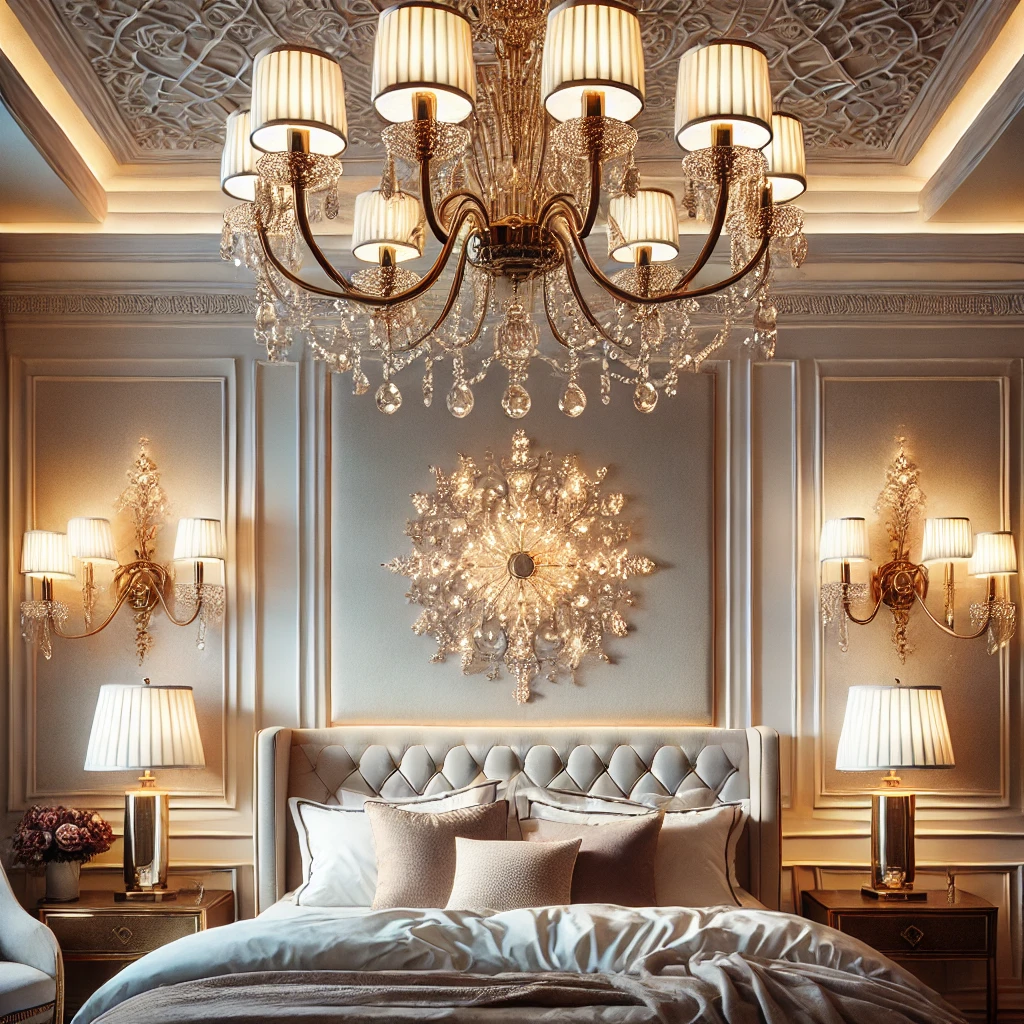 Layered Lighting – Elegant chandelier and soft lighting create warmth.