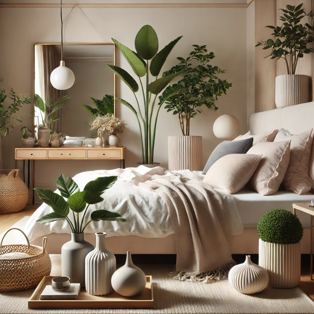 Elegant Accessories – A mirror, vases, and plants add style without clutter.