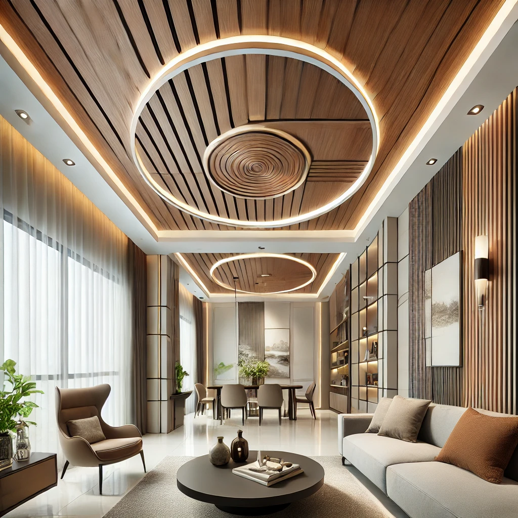 Stylish Variety – A PVC ceiling with wood-like texture adds elegance to any decor.