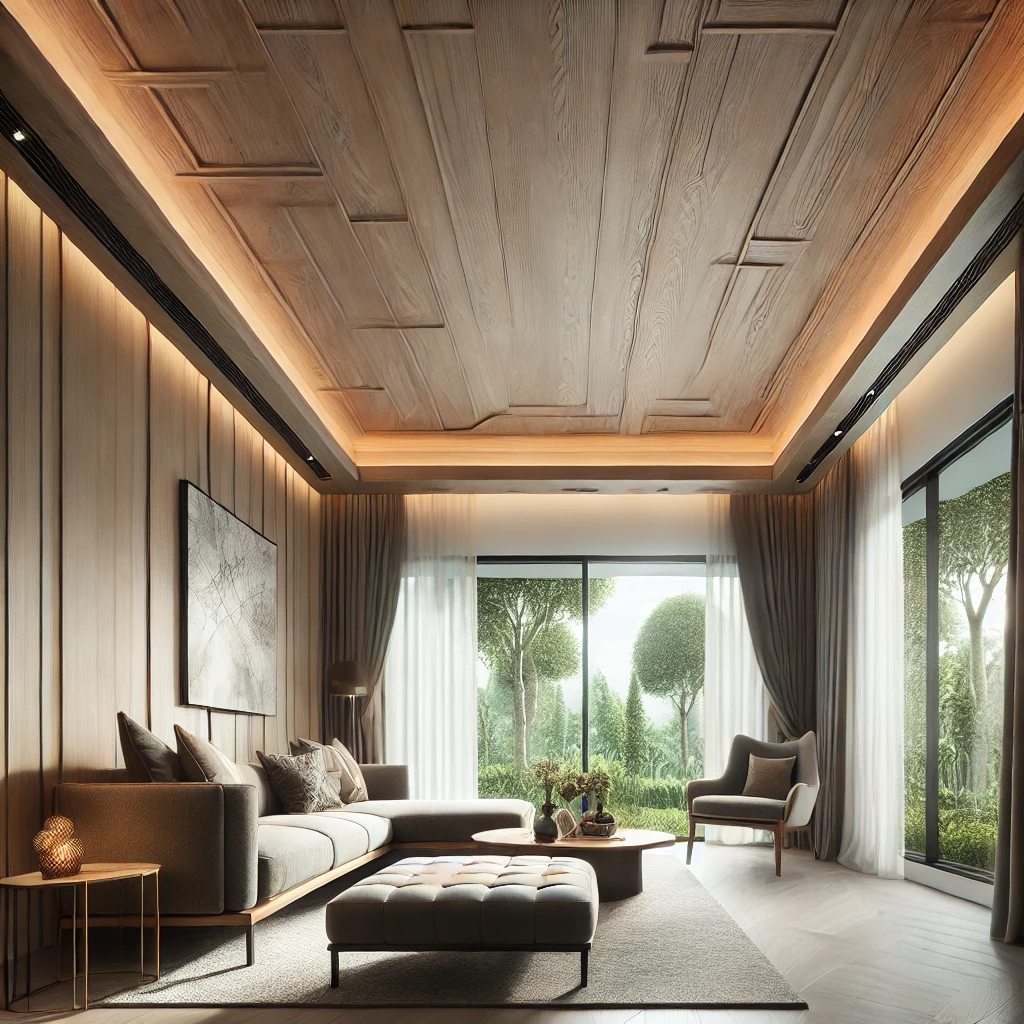 Textured Elegance – Wood-like PVC ceiling adds warmth and charm.