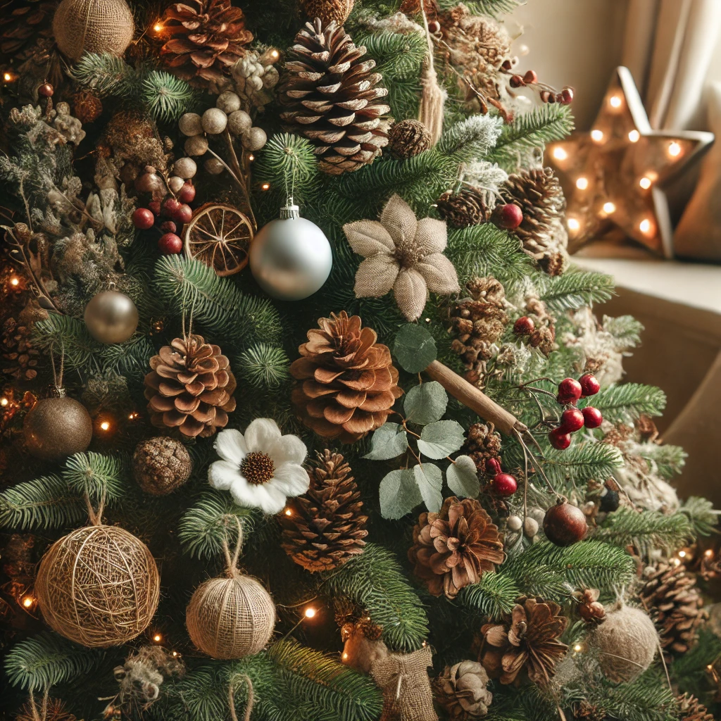 Pine cones and berries bring cozy warmth.