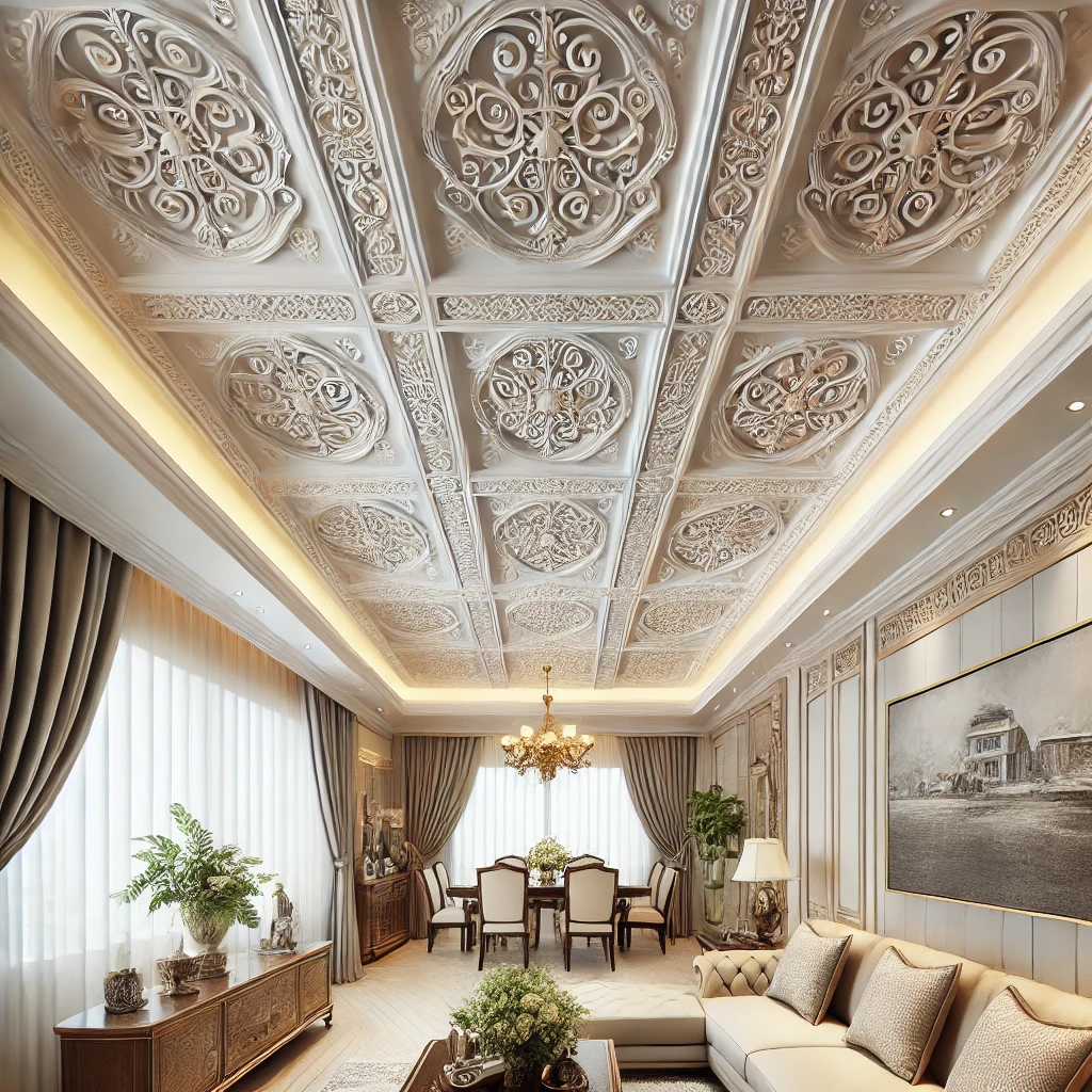 Elegant Living Room – Patterned PVC ceiling adds style and warmth.