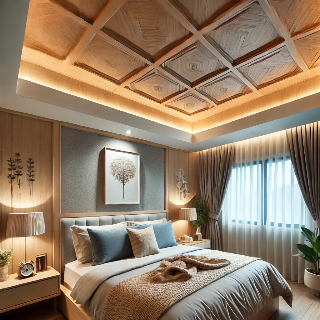 Cozy Bedroom – Wood-like PVC ceiling creates a relaxing ambiance.