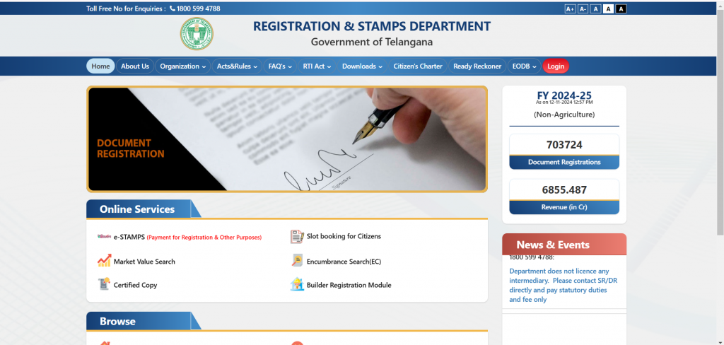 Telangana Registration & Stamps Department portal for document registration and online services.