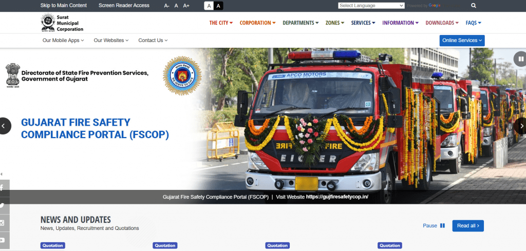 Surat Municipal Corporation portal highlighting Gujarat Fire Safety Compliance.