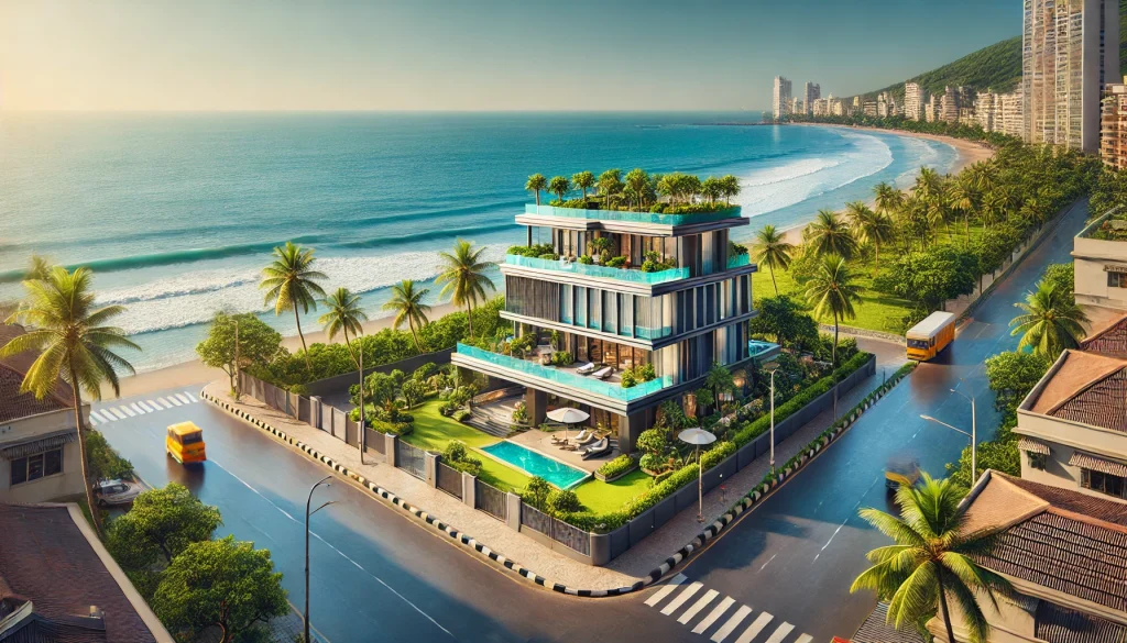 AI's depection of an idyllic sea facing villa on the Mumbai seafront. 