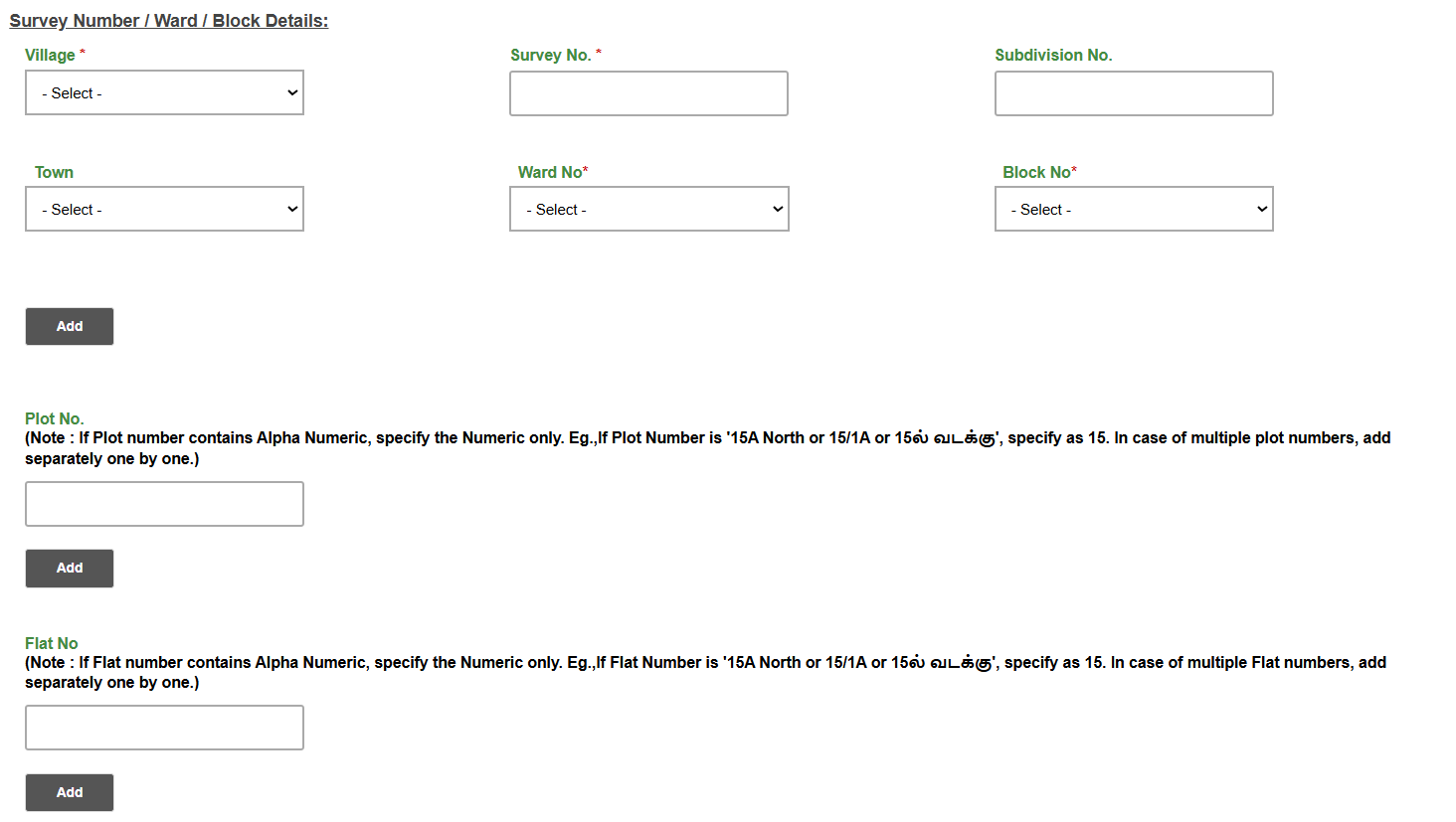 TNREGINET EC online ward and block number entry for city properties.