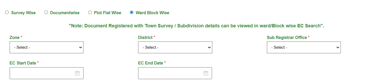 TNREGINET EC online form with district, zone, and sub-registrar details entry.