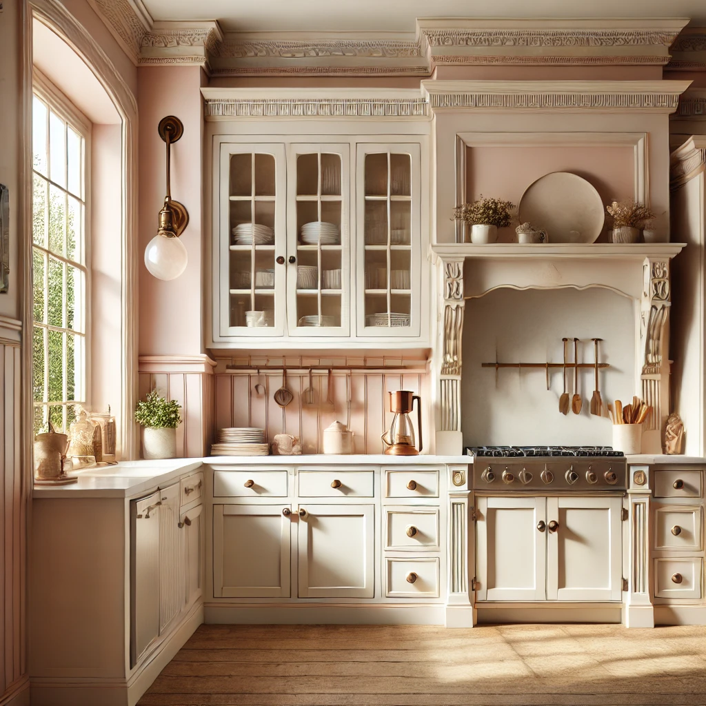 off white and peach clour combination in kitchen