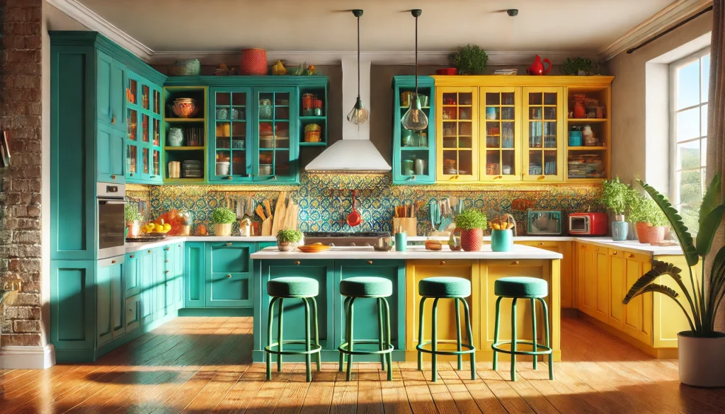 vibrant colour use in kitchen