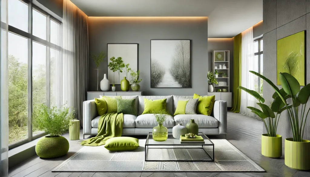 Lime Green Accents in a Gray Room