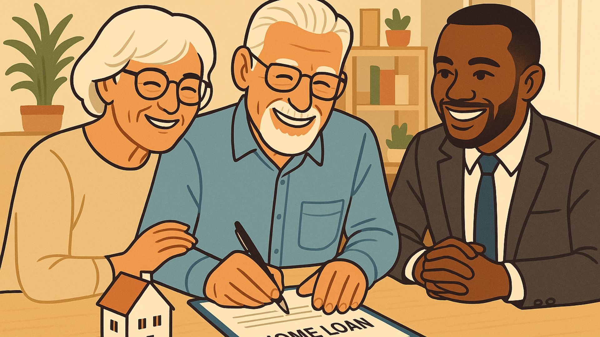 Graphic illustrating a senior couple happily receiving monthly cash from their home, symbolizing a reverse mortgage.